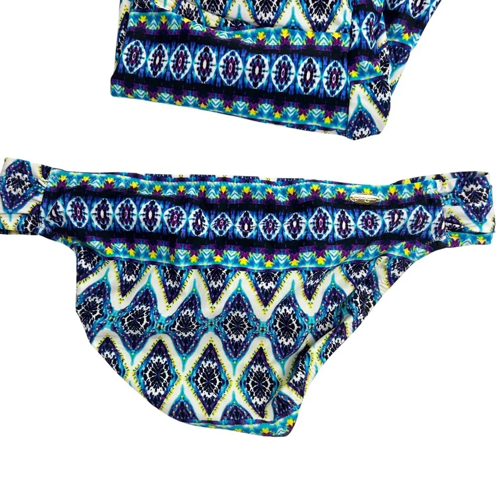 Jessica Simpson Tankini Swimsuit Set L Blue Tribal‎ Print Bandeau Boho Resort